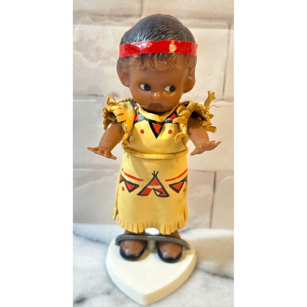 Vintage Unique Doll with Heart Stand Fringed Yellow Outfit Teepee Motif